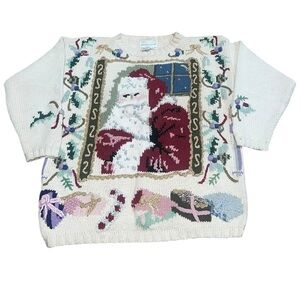 VTG 90s Jennifer Reed Hand Knit Christmas Sweater Santa Size Small Candy Cane